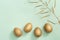 Painted Easter shiny eggs and gold colored plant on light green paper. Minimal easter concept. Spring holiday background