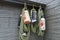 Painted foam orange and blue fishing buoys hanging on hooks