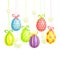 Painted or Foiled Easter Eggs or Paschal Eggs Hanging on String with Bow as Festive Decoration Vector Illustration