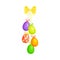 Painted or Foiled Easter Eggs or Paschal Eggs Hanging on String with Bow Vector Illustration