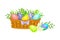 Painted or Foiled Easter Eggs or Paschal Eggs Rested in Wicker Basket in Green Grass Vector Illustration