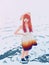 Painted girl teenager with big eyes and red hair in beautiful dress stands in water, linear drawing