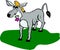 Painted gray donkey with flower in mouth stands on green lawn