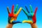 Painted hands, colorful fun. blue sky