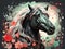 Painted head of black horse with red flowers. Ai generated