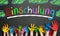Painted kids hands and the word SCHOOL ENROLLMENT in German in colorful letters
