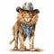 Painted Lion In Cowboy Hat: Realistic Fantasy Watercolor Illustration