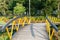 Painted metal footbridge over a small river in a Dutch nature ar