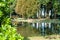 Painted metal footbridge over a small river in a Dutch nature ar