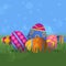 Painted multi-colored easter egg vector illustration. There festive products in grass, bright pictures with different