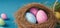 painted multicolored eggs in a basket, Easter, birds nest, wicker basket