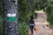 Painted path mark on a tree with blurred woman hiker on background mushroom hunter