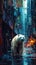 The Painted Polar Bear: A snow-white polar bear walks down a busy city street, painted in a bright palette of colors. His eyes