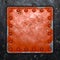 Painted red metal with rivets in the shape of a square in the center on black metal background. 3d