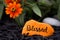 Painted rock that says, `blessed`, horizontal