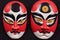Painted traditional japanese kabuki theater mask made of ceramic, wood, lacquer and clay. Highly ornate and exaggerated design.