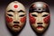 Painted traditional japanese kabuki theater mask made of ceramic, wood, lacquer and clay. Highly ornate and exaggerated design.