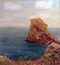 Painted view of the sea, rock, coast.