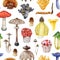 Painted vintage style mushrooms seamless pattern. Watercolor illustration. Hand drawn various exotic mushroom elements