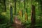 painted wooden markers that lead hikers through lush forest on a warm summer day