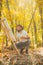 Painter artist forest. Art concept. Painting in nature. Start new picture. Painter with easel and canvas. Bearded man