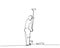 Painter paints a wall with a roller with a long handle, worker in uniform one line art. Continuous line drawing of
