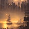 painterly generated image of many old Chinese junks sailing around the city harbor of Hong Kong city at the evening time.