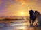 Painterly Illustration of wild horses on a beach at sunset AI Generated