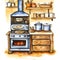 painterly image of a dreamy kitchen in a cottage showing an old oven or stove with a woodstack