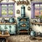 painterly image of a dreamy kitchen in a cottage showing an old oven or stove with a woodstack