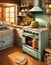 painterly image of a dreamy kitchen in a cottage showing an old oven or stove with a woodstack