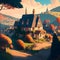 painterly image of an english whimsical village on a hill in old time.