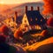 painterly image of an english whimsical village on a hill in old time.