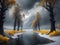 painterly image of a group of trees standing in the surreal black and yellow fantasy nuclear winter,dreamy and autumn atmosphere.