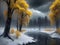 painterly image of a group of trees standing in the surreal black and yellow fantasy nuclear winter,dreamy and autumn atmosphere.