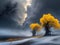 painterly image of a group of trees standing in the surreal black and yellow fantasy nuclear winter,dreamy and autumn atmosphere.