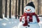 painterly image of the happy snowman with a warm hat and scarf in the winter forest landscape.