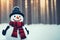 painterly image of the happy snowman with a warm hat and scarf in the winter forest landscape.