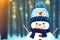 painterly image of the happy snowman with a warm hat and scarf in the winter forest landscape.