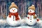 painterly image of the happy snowman with a warm hat and scarf in the winter forest landscape.