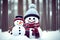painterly image of the happy snowman with a warm hat and scarf in the winter forest landscape.