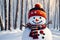painterly image of the happy snowman with a warm hat and scarf in the winter forest landscape.