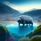 painterly image of the otherworldly landscape of a tardigrade and some bacteria.