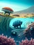 painterly image of the otherworldly landscape of a tardigrade and some bacteria.