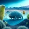 painterly image of the otherworldly landscape of a tardigrade and some bacteria.