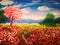 Painting with acrylic paints. Spring meadow with flowers and a blossoming cherry tree.