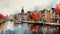 Painting of Amsterdam townhomes with canals and people