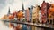 Painting of Amsterdam townhomes with canals and people