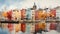 Painting of Amsterdam townhomes with canals and people