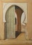 Painting of an Arabic door by unnamed artist on display inside the Chouara Tannery in Fes, Morocco.